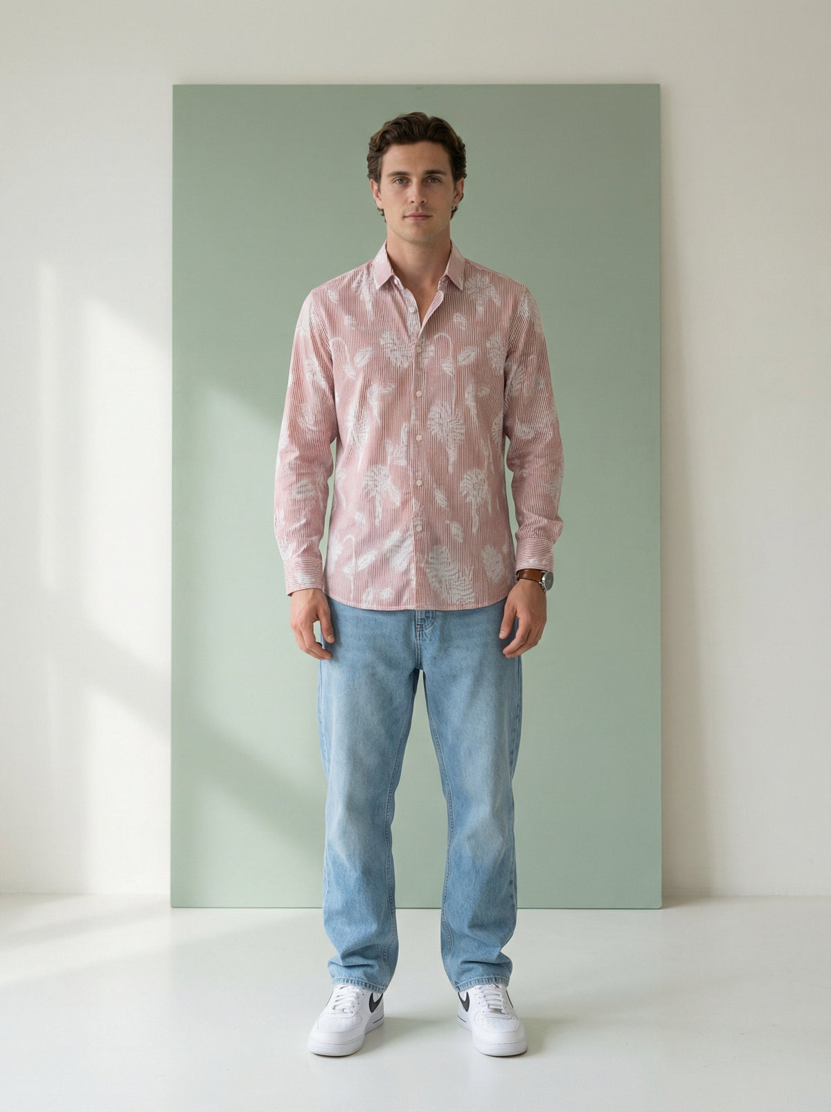 Rust Stripes Floral Print Handloom Cotton Spread Collar Shirt For Men