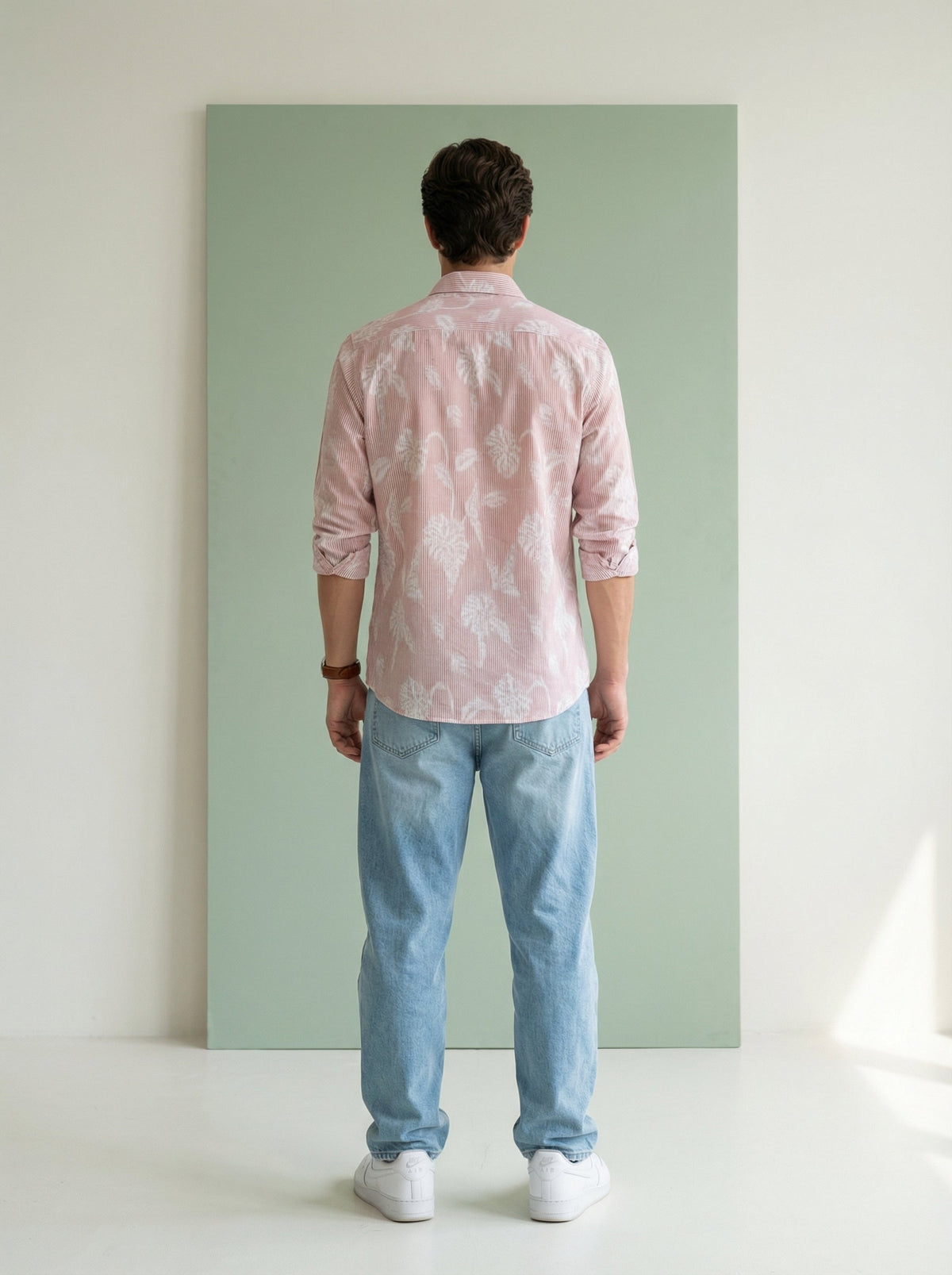 Rust Stripes Floral Print Handloom Cotton Spread Collar Shirt For Men