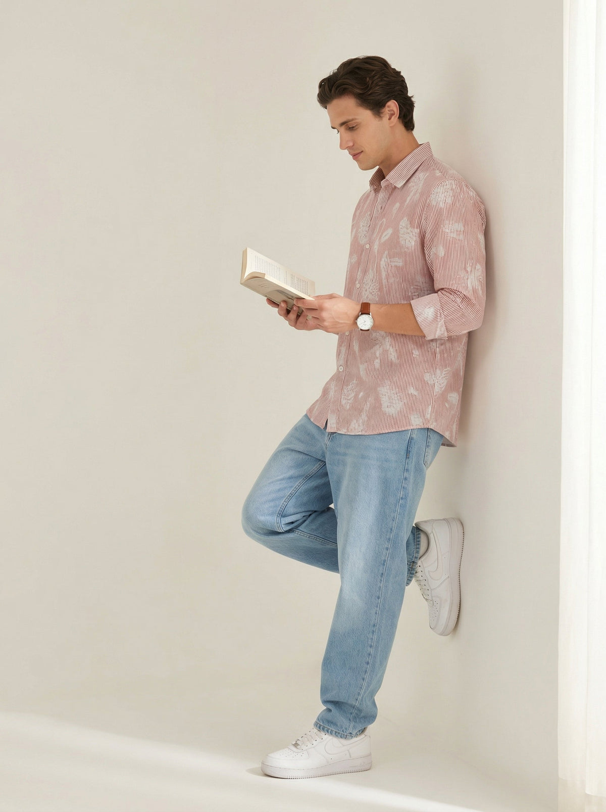 Rust Stripes Floral Print Handloom Cotton Spread Collar Shirt For Men