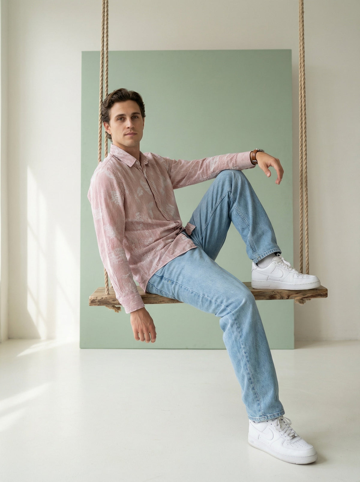 Rust Stripes Floral Print Handloom Cotton Spread Collar Shirt For Men