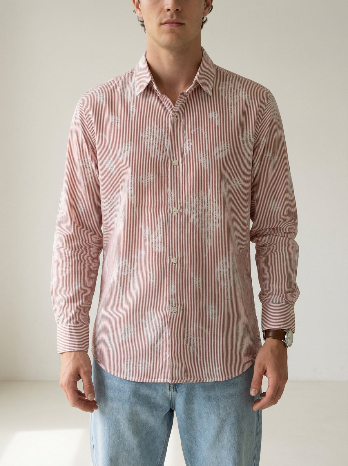 Rust Stripes Floral Print Handloom Cotton Spread Collar Shirt For Men