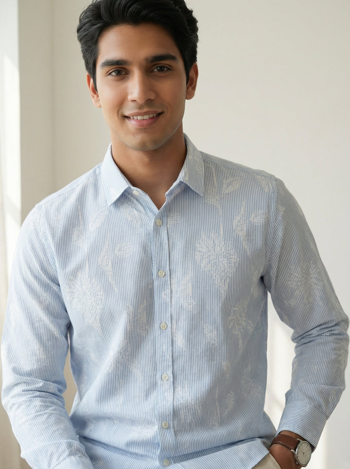 Blue Stripes Floral Print Handloom Cotton Spread Collar Shirt For Men