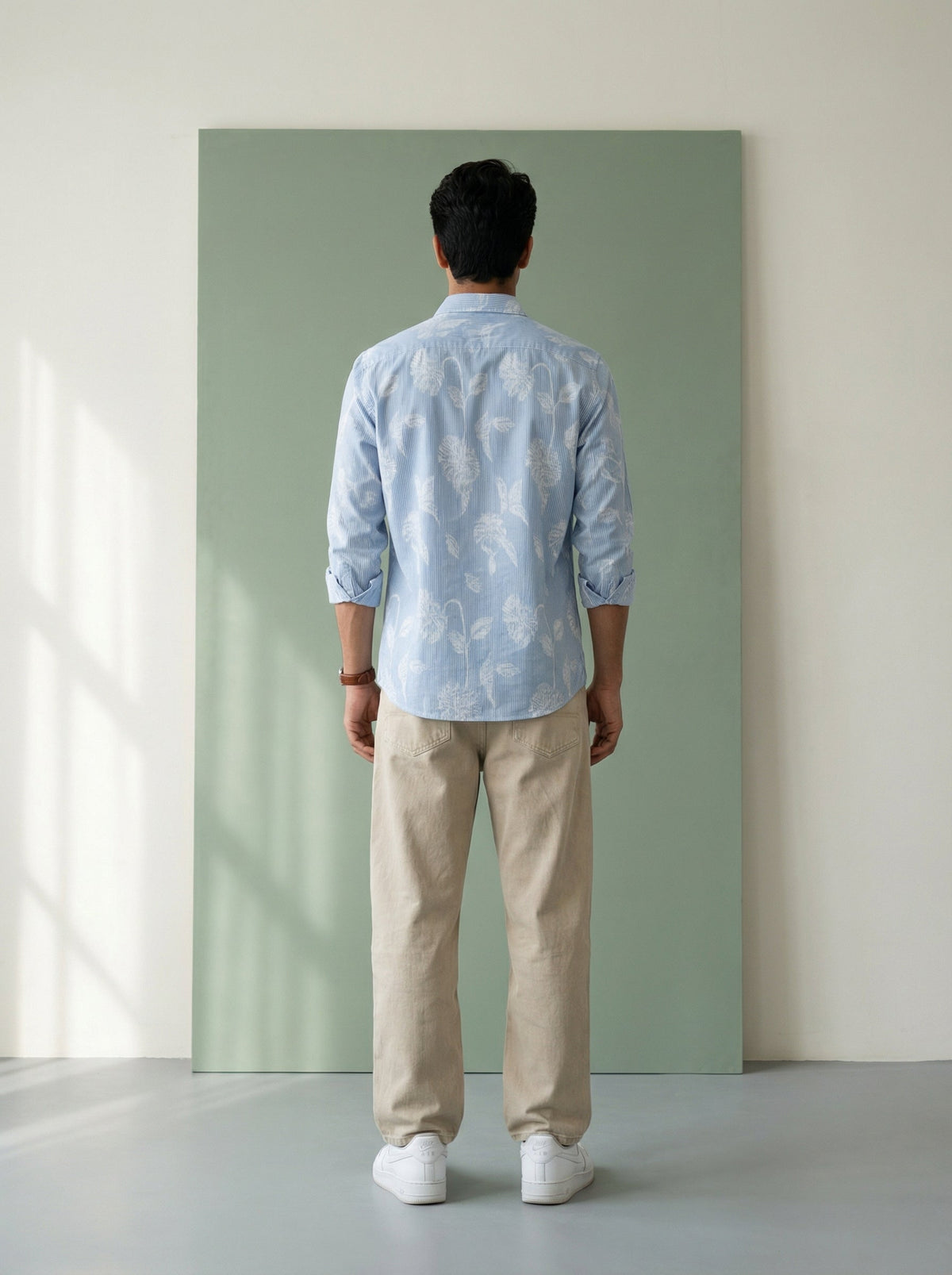 Blue Stripes Floral Print Handloom Cotton Spread Collar Shirt For Men