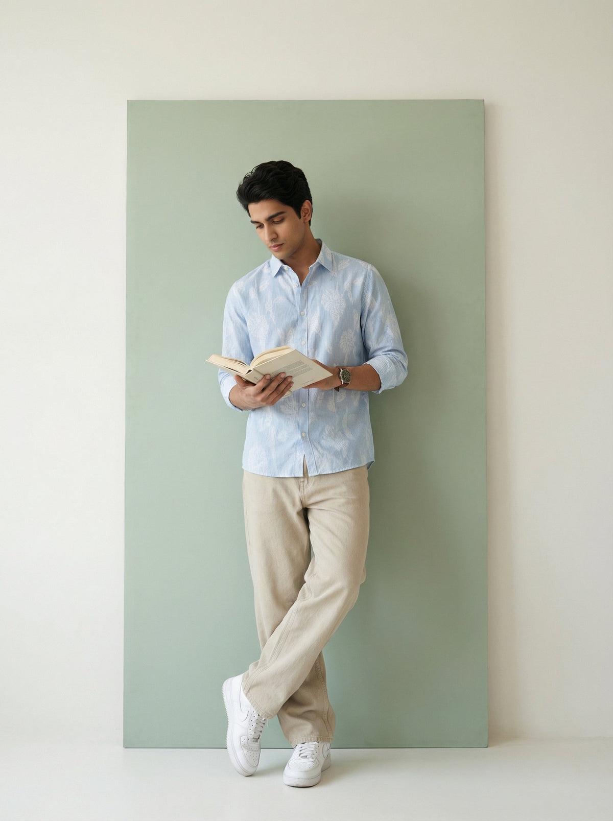 Blue Stripes Floral Print Handloom Cotton Spread Collar Shirt For Men