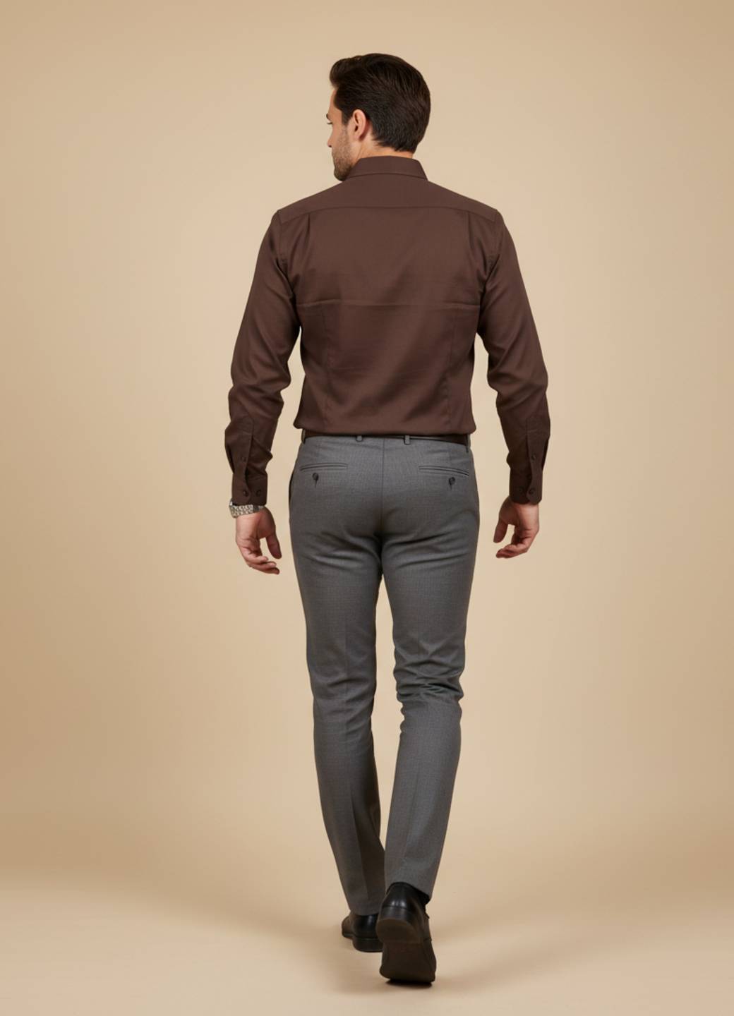 Coffee Brown Solid Band Collar Shirt For Men