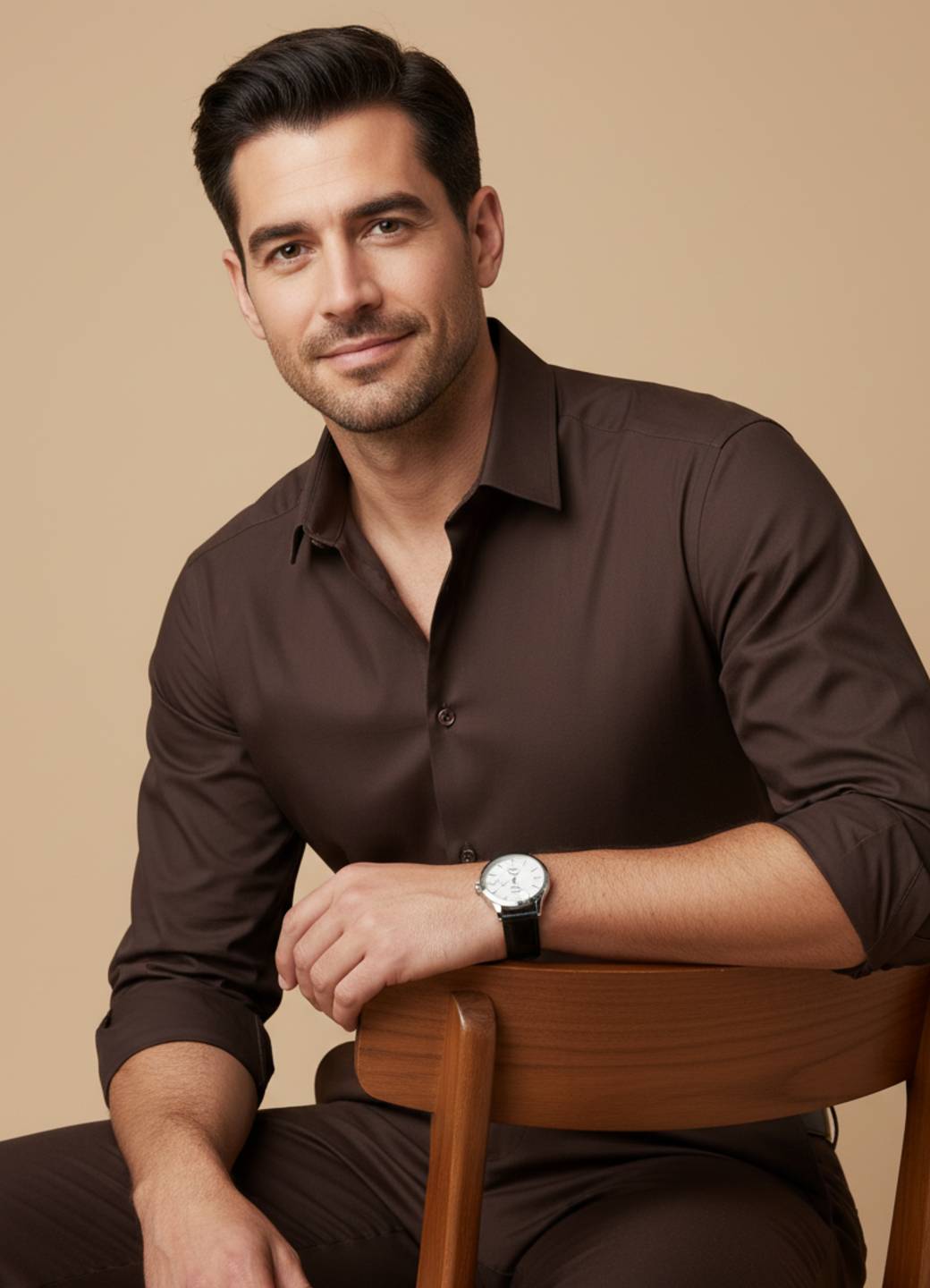 Coffee Brown Solid Band Collar Shirt For Men