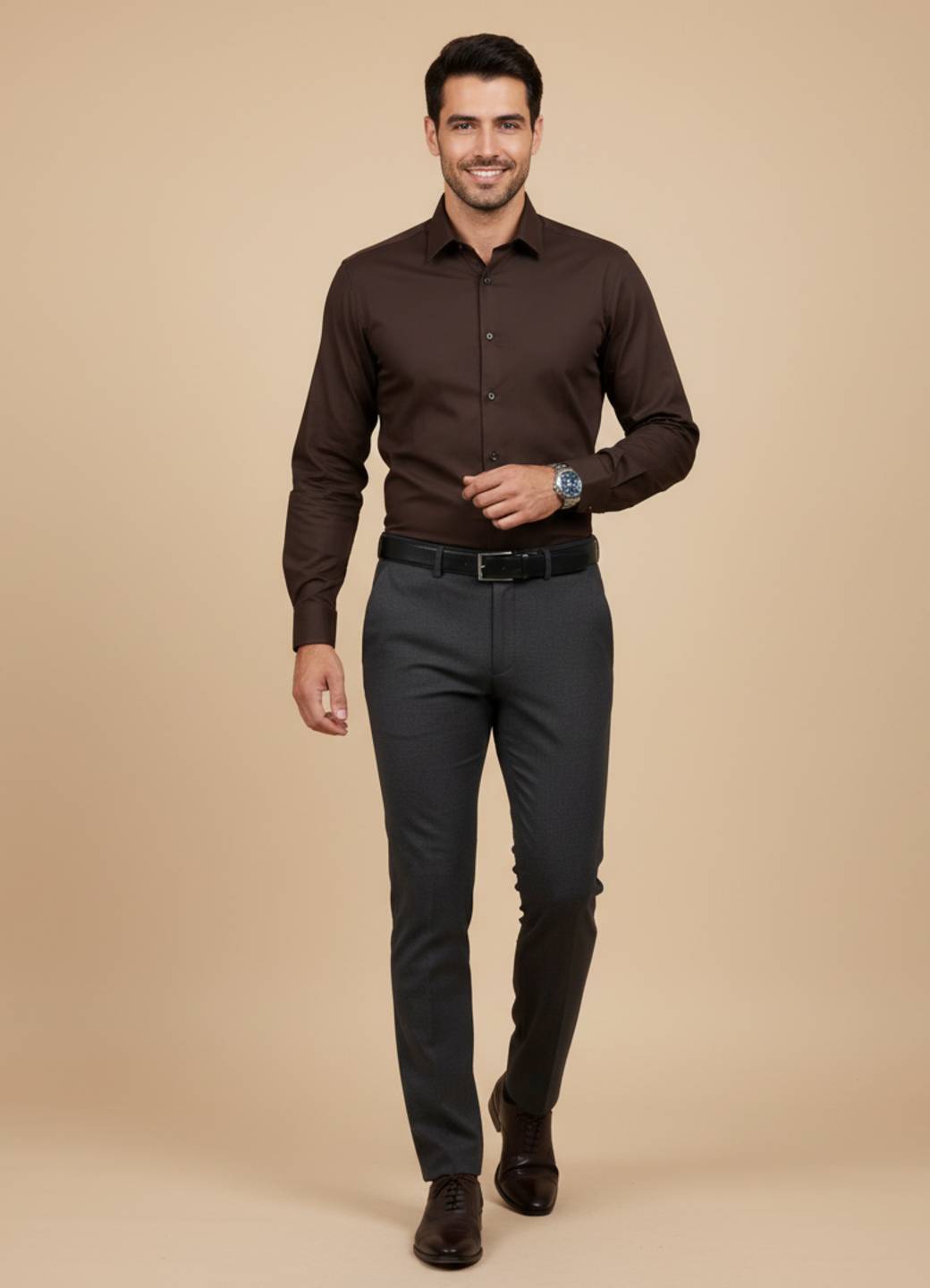 Coffee Brown Solid Band Collar Shirt For Men
