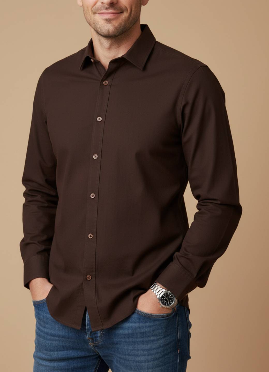 Coffee Brown Solid Band Collar Shirt For Men