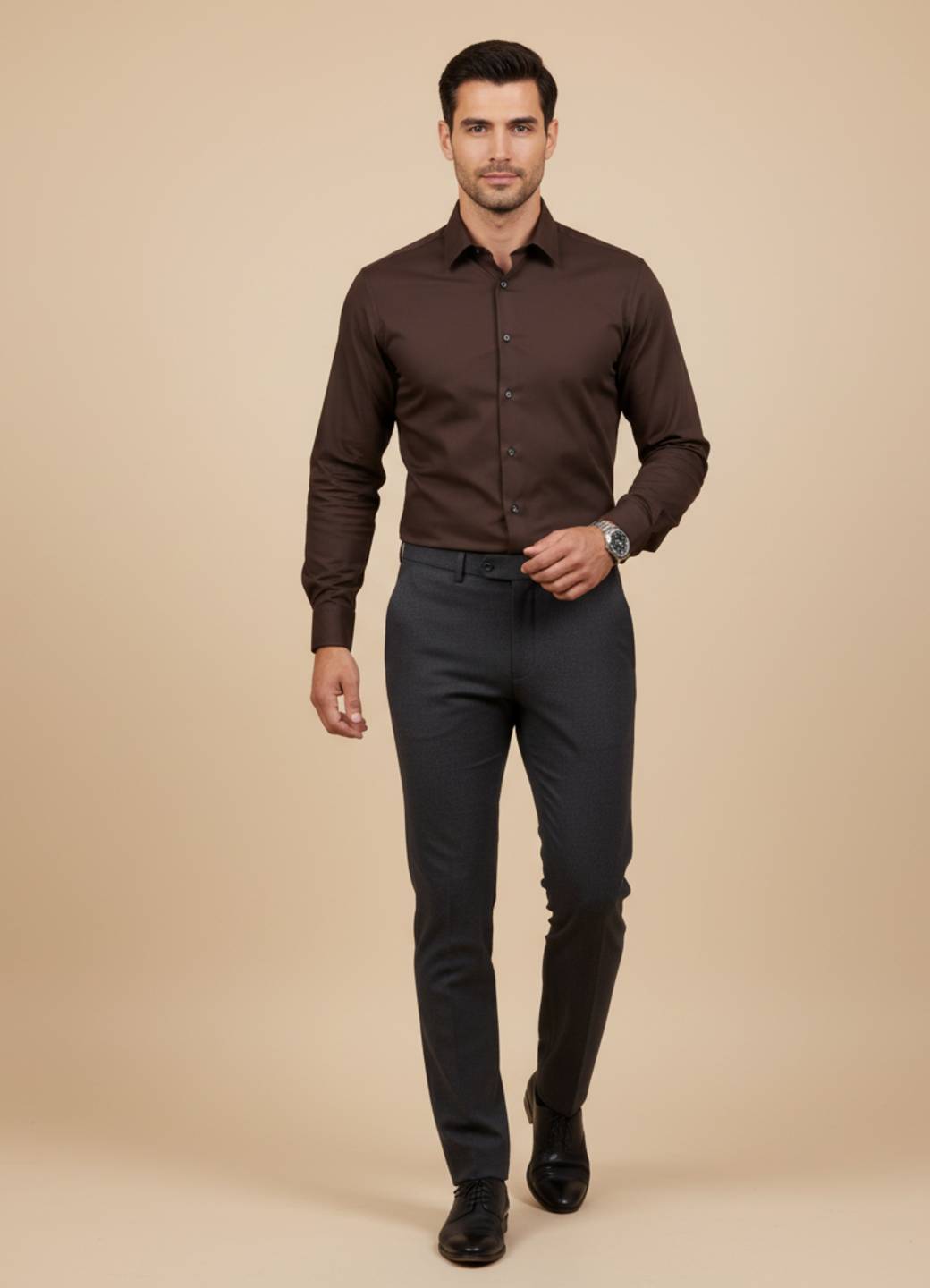 Coffee Brown Solid Band Collar Shirt For Men