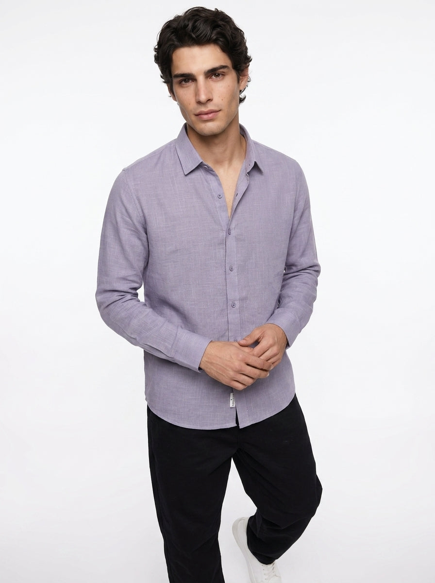 Lavender Solid Band Collar Cotton Shirt For Men