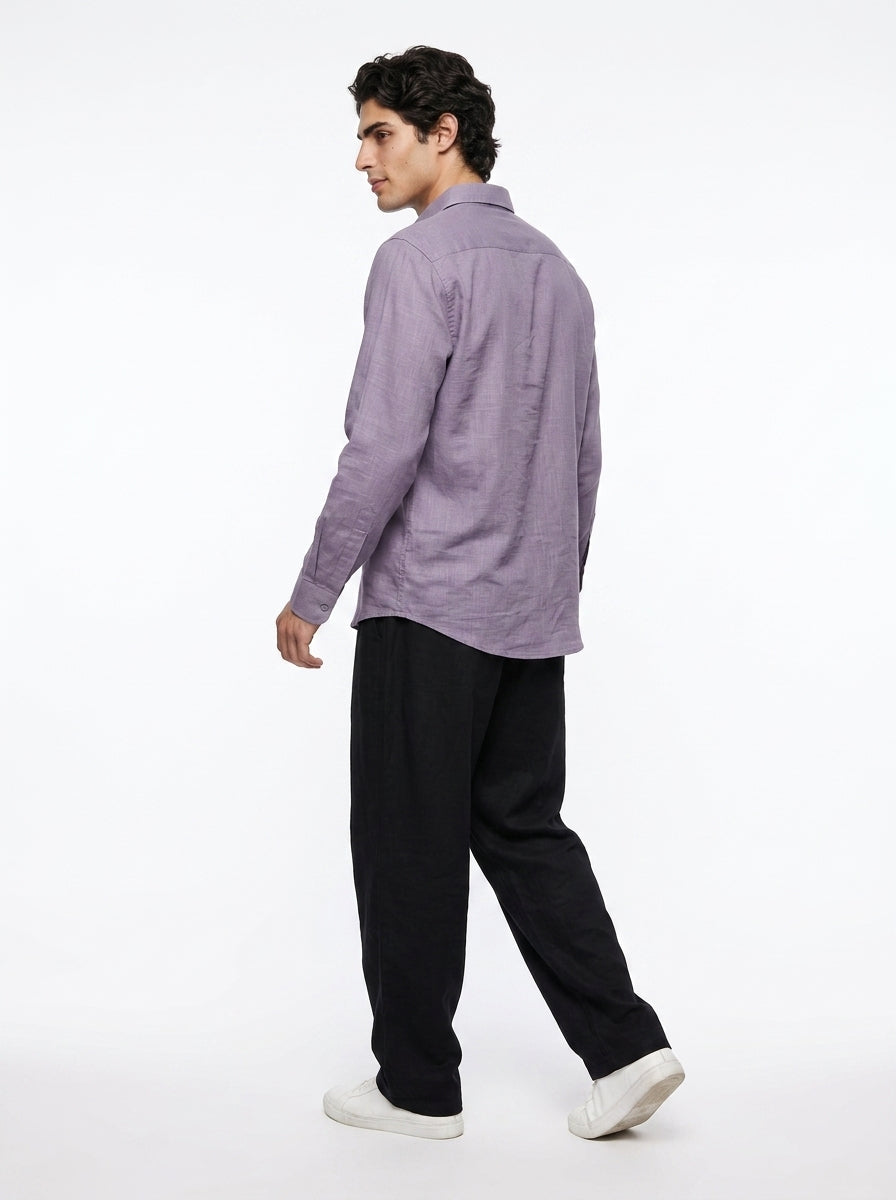 Lavender Solid Band Collar Cotton Shirt For Men