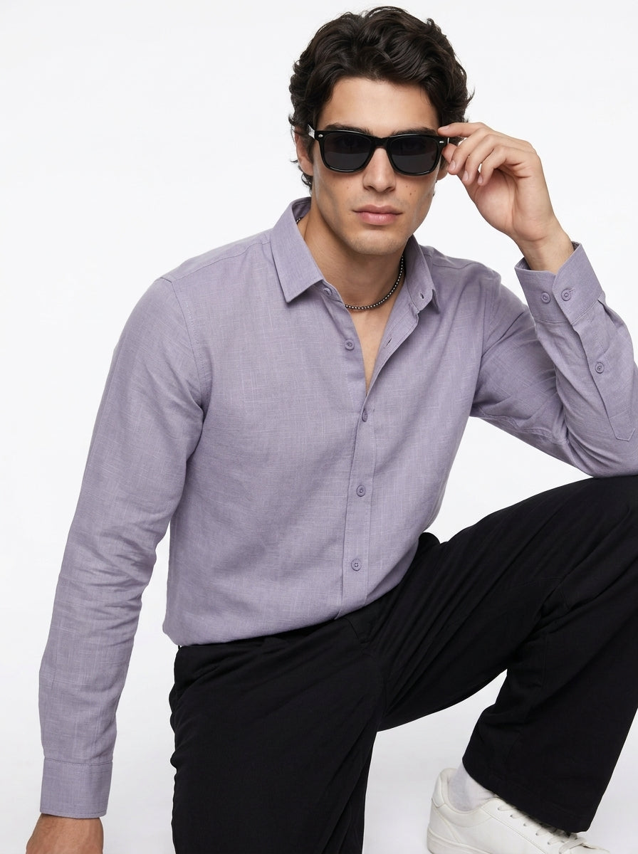 Lavender Solid Band Collar Cotton Shirt For Men