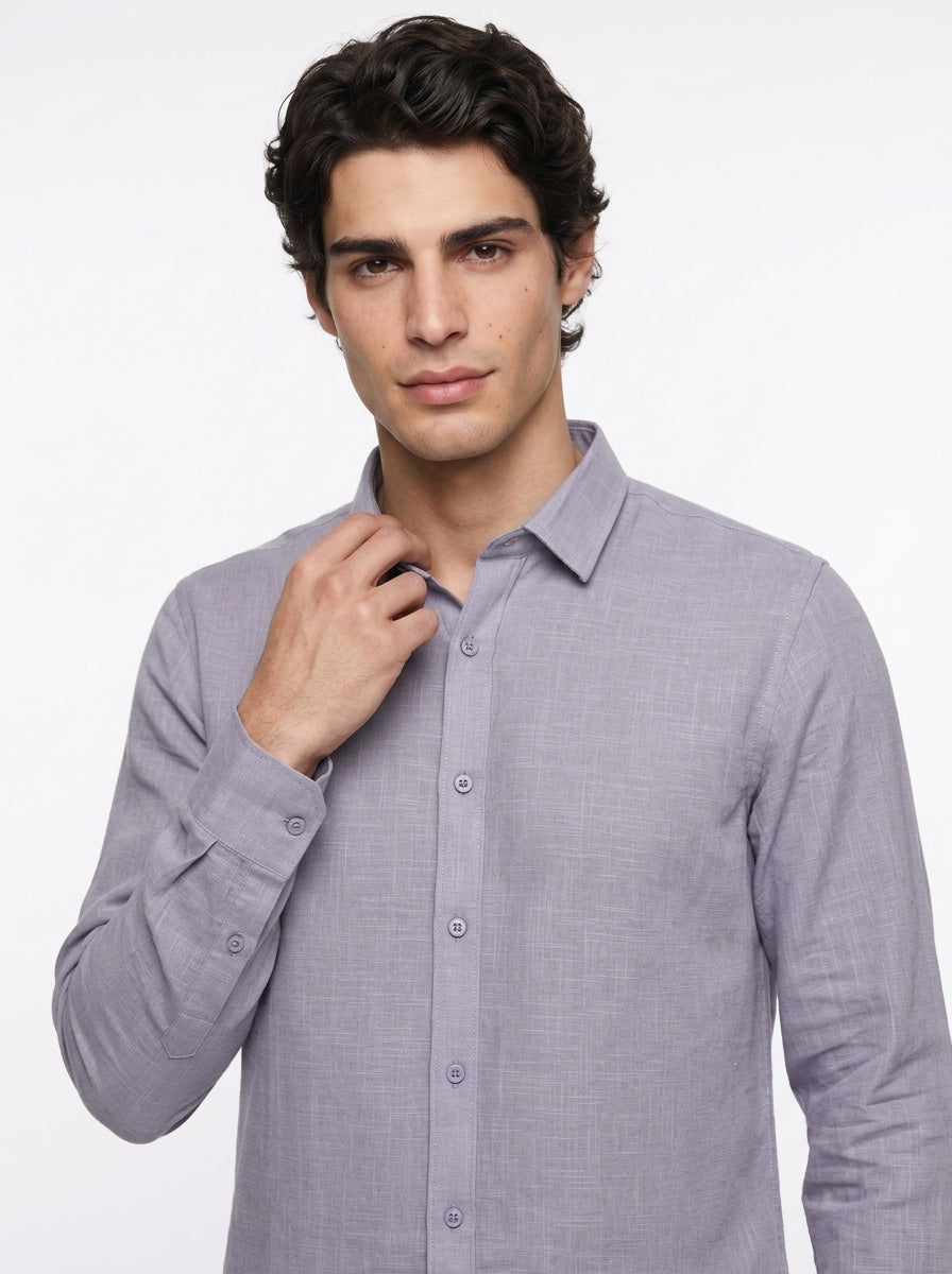 Lavender Solid Band Collar Cotton Shirt For Men