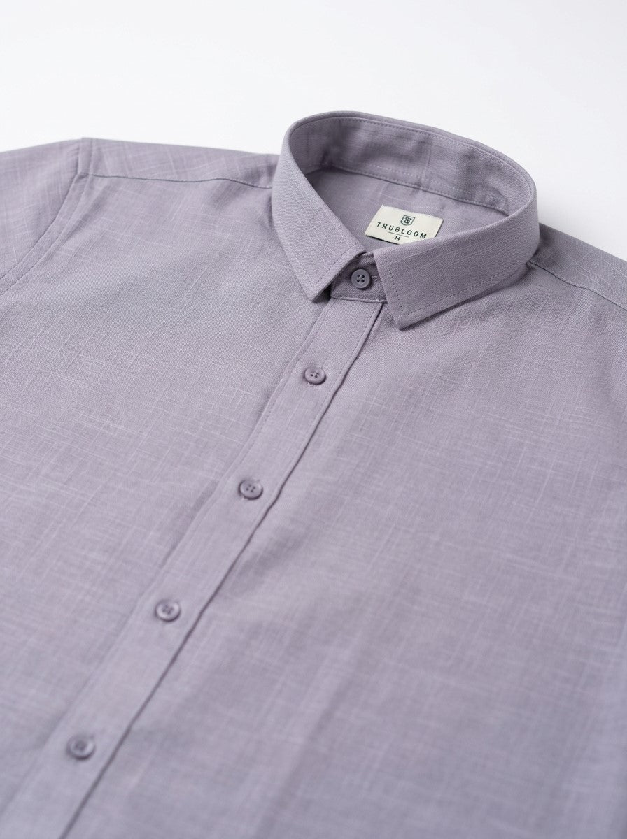 Lavender Solid Band Collar Cotton Shirt For Men