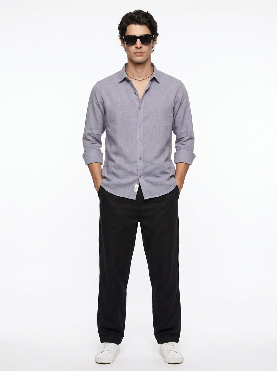 Lavender Solid Band Collar Cotton Shirt For Men