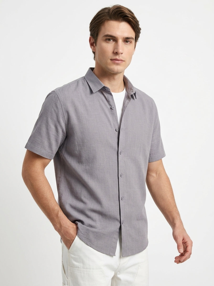 Grey Solid Band Collar Half Sleeve Cotton Shirt For Men