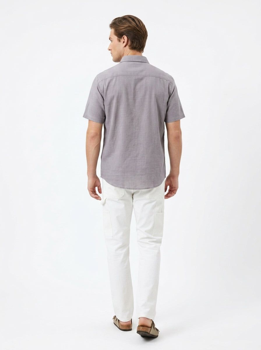 Grey Solid Band Collar Half Sleeve Cotton Shirt For Men