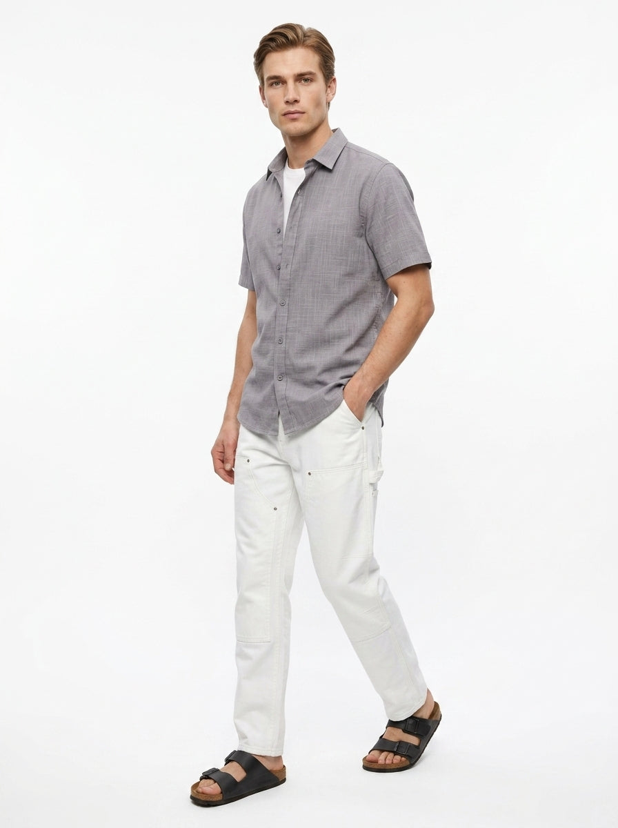 Grey Solid Band Collar Half Sleeve Cotton Shirt For Men