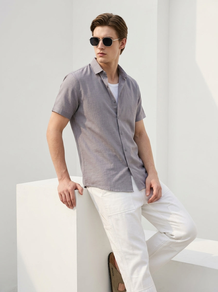 Grey Solid Band Collar Half Sleeve Cotton Shirt For Men