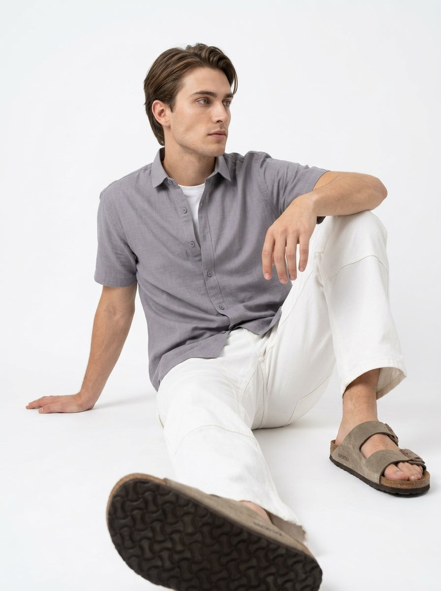 Grey Solid Band Collar Half Sleeve Cotton Shirt For Men