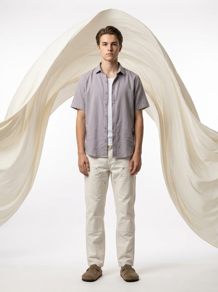 Grey Solid Band Collar Half Sleeve Cotton Shirt For Men
