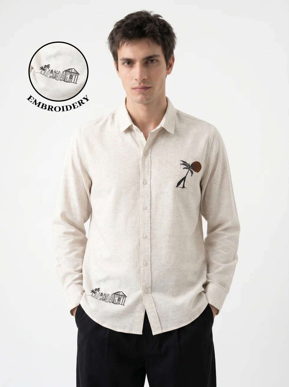 Beige Floral Embroidered Band Collar Cotton Shirt For Men