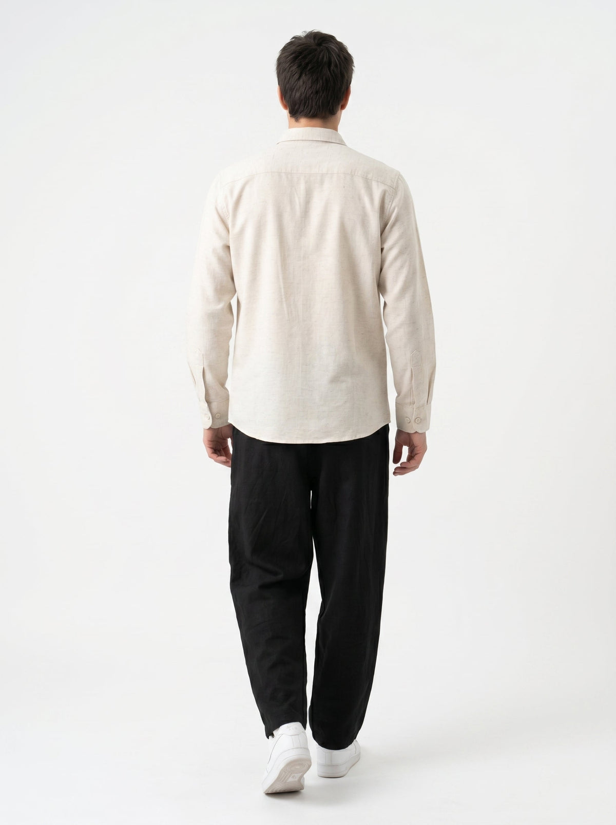 Beige Floral Embroidered Band Collar Cotton Shirt For Men