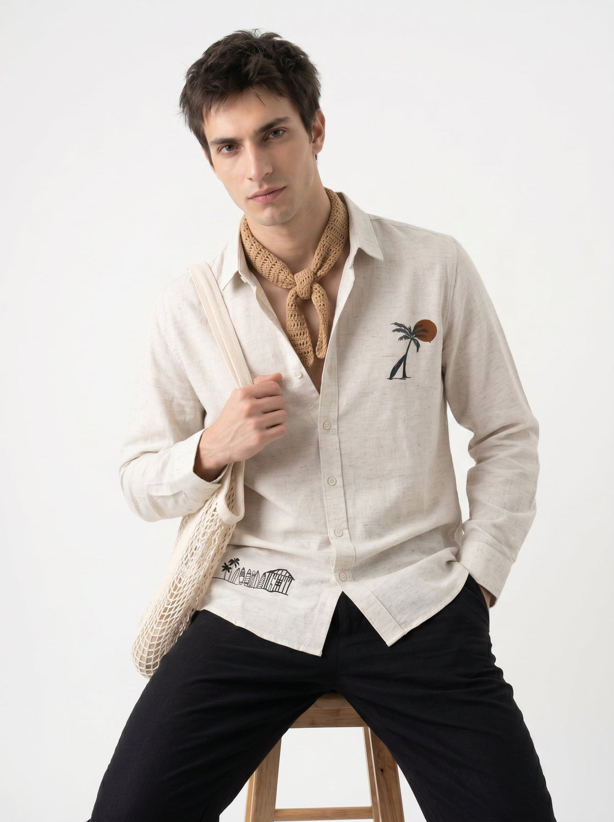 Beige Floral Embroidered Band Collar Cotton Shirt For Men