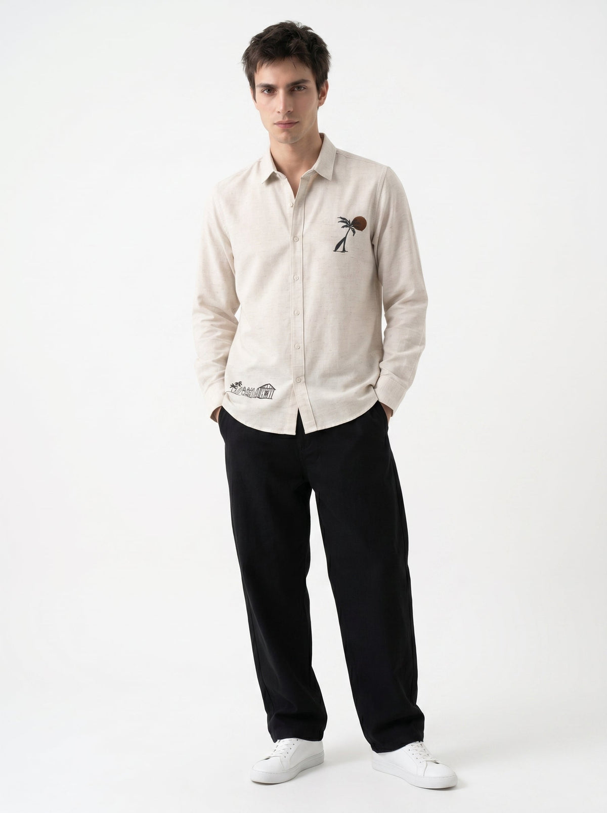 Beige Floral Embroidered Band Collar Cotton Shirt For Men
