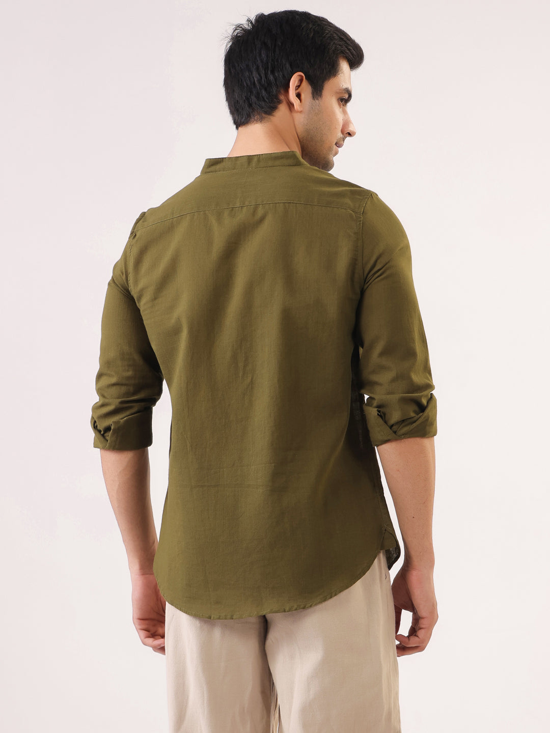 Olive Solid Cotton Mandarin Collar Shirt For Men