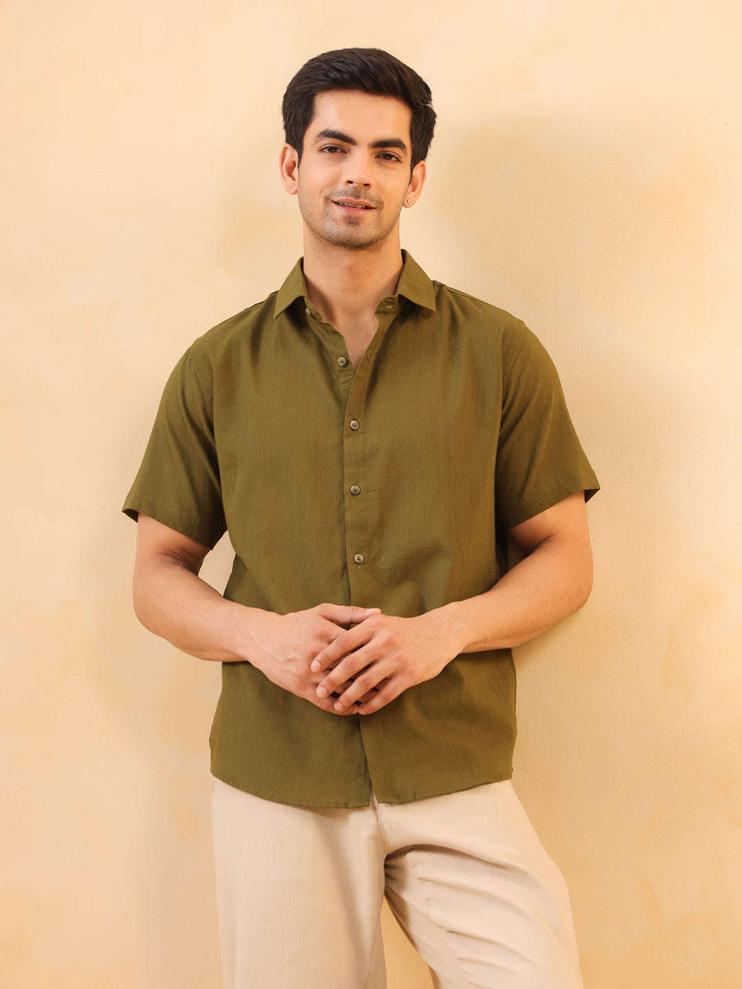 Olive Solid Cotton Cuban Collar Shirt For Men