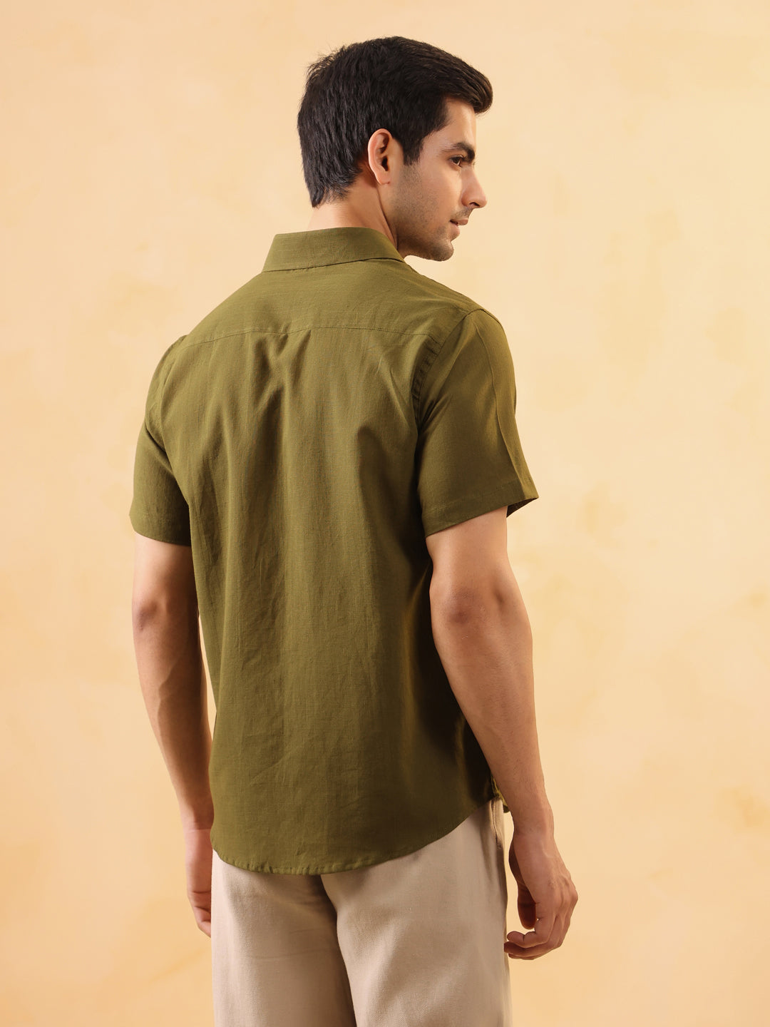 Olive Solid Cotton Cuban Collar Shirt For Men