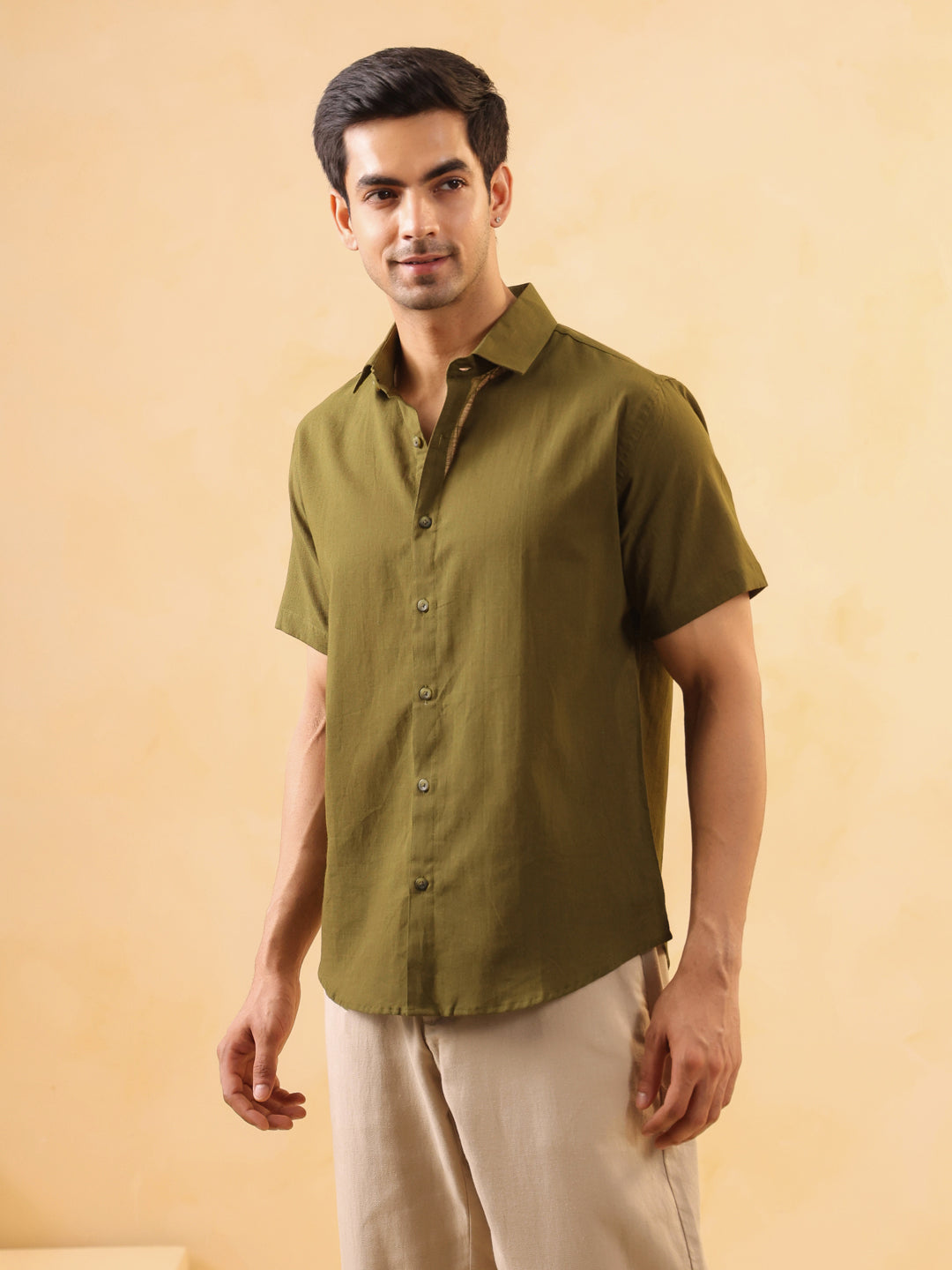 Olive Solid Cotton Cuban Collar Shirt For Men