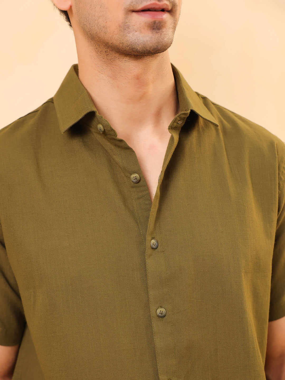 Olive Solid Cotton Cuban Collar Shirt For Men