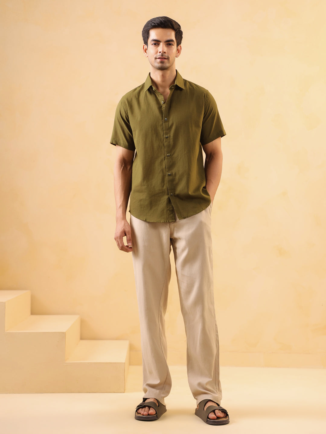 Olive Solid Cotton Cuban Collar Shirt For Men