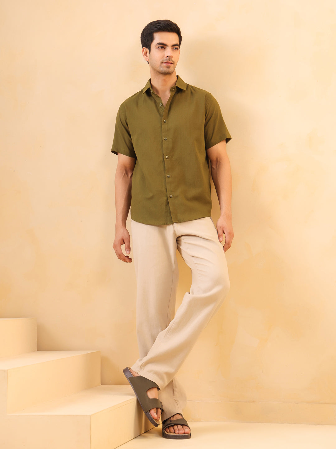 Olive Solid Cotton Cuban Collar Shirt For Men