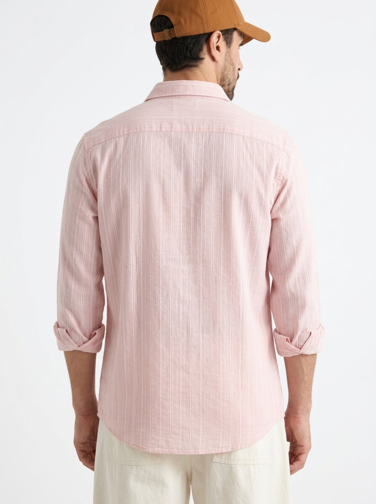 Peach Band Collar Textured Striped Casual Cotton Shirt For Men