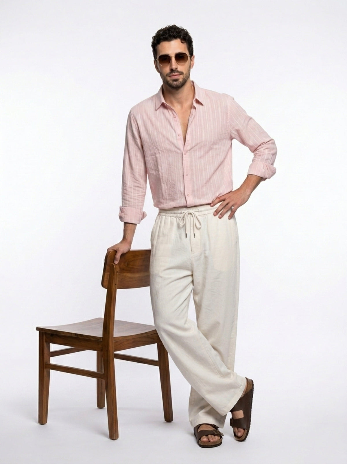 Peach Band Collar Textured Striped Casual Cotton Shirt For Men