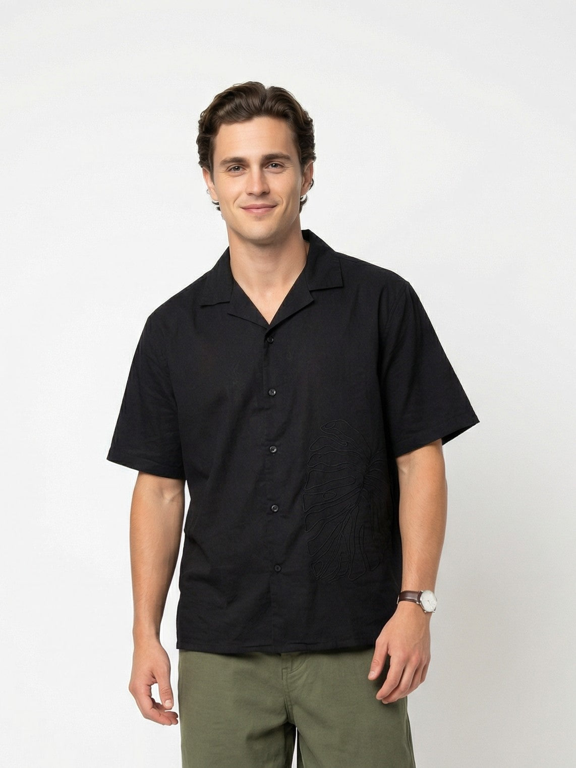 Black Cuban Collar Embroidered Print Cotton Shirt For Men