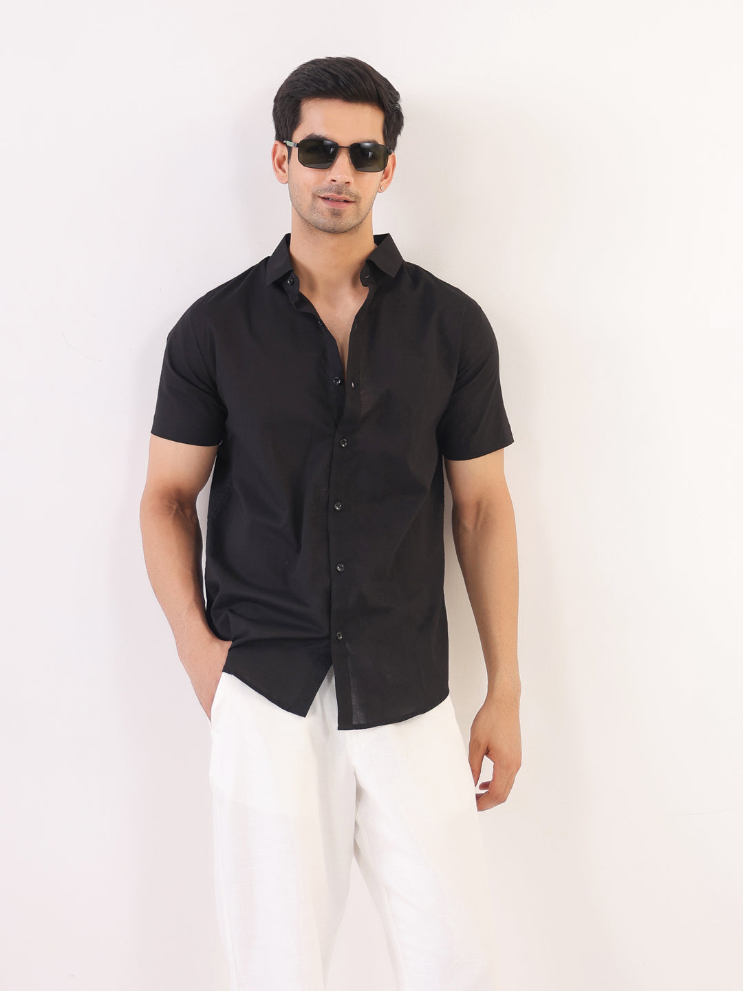 Black Solid Band Collar Cotton Shirt For Men
