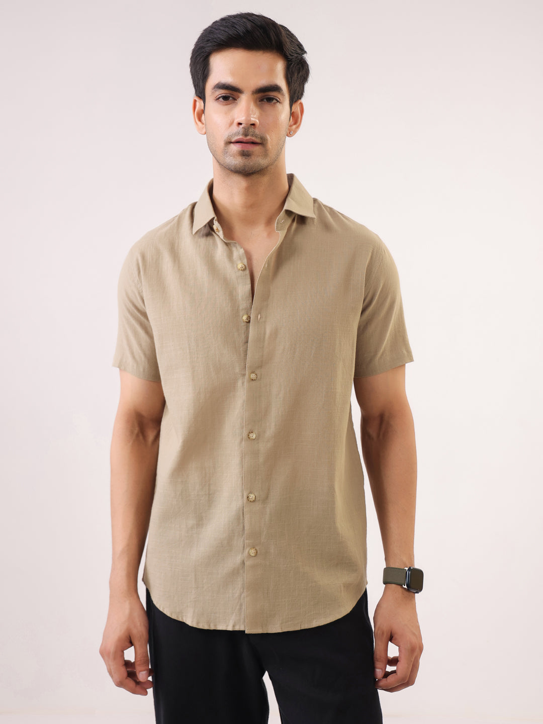 Beige Solid Band Collar Cotton Shirt For Men