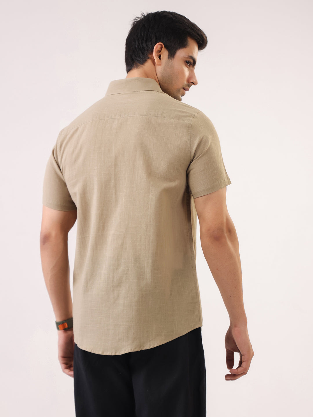Beige Solid Band Collar Cotton Shirt For Men