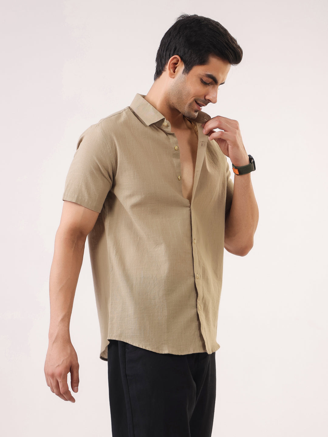 Beige Solid Band Collar Cotton Shirt For Men