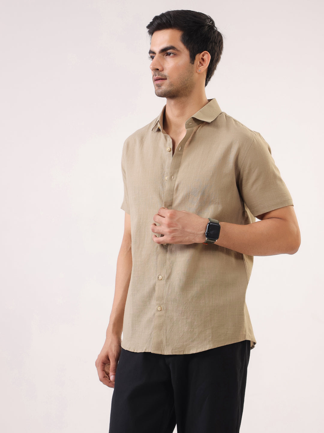 Beige Solid Band Collar Cotton Shirt For Men