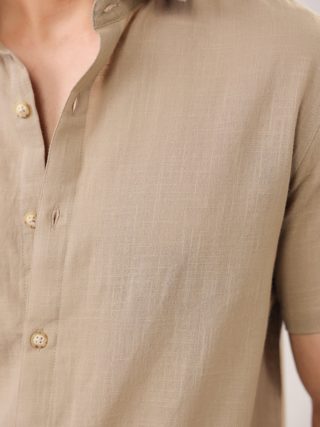 Beige Solid Band Collar Cotton Shirt For Men