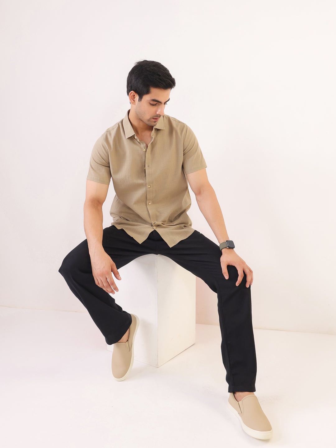 Beige Solid Band Collar Cotton Shirt For Men