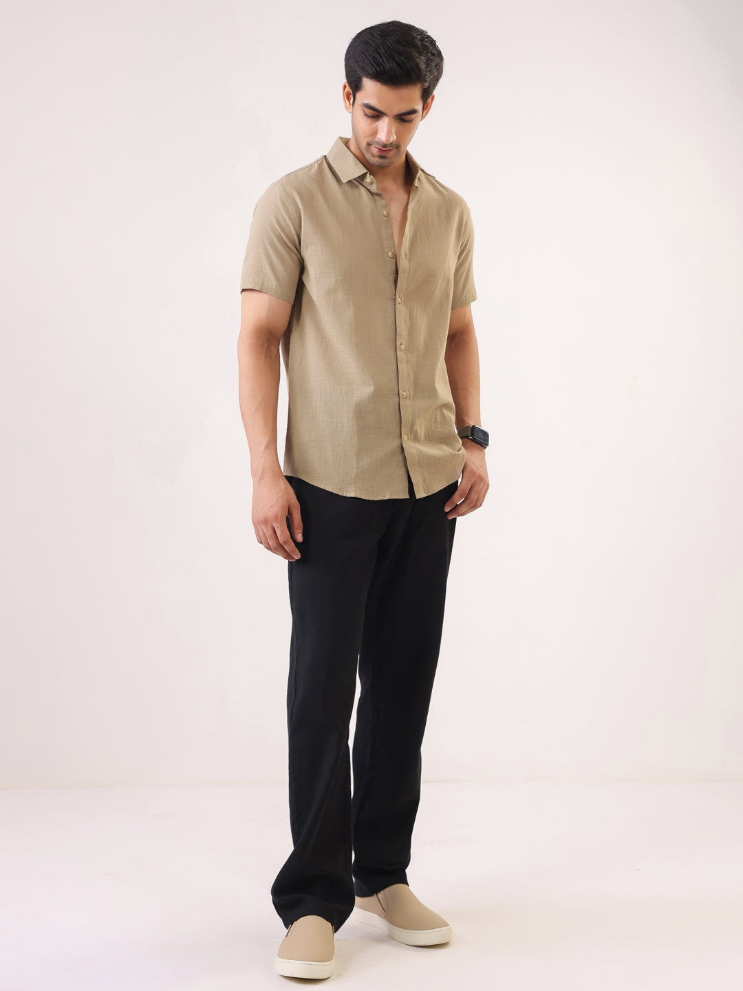 Beige Solid Band Collar Cotton Shirt For Men