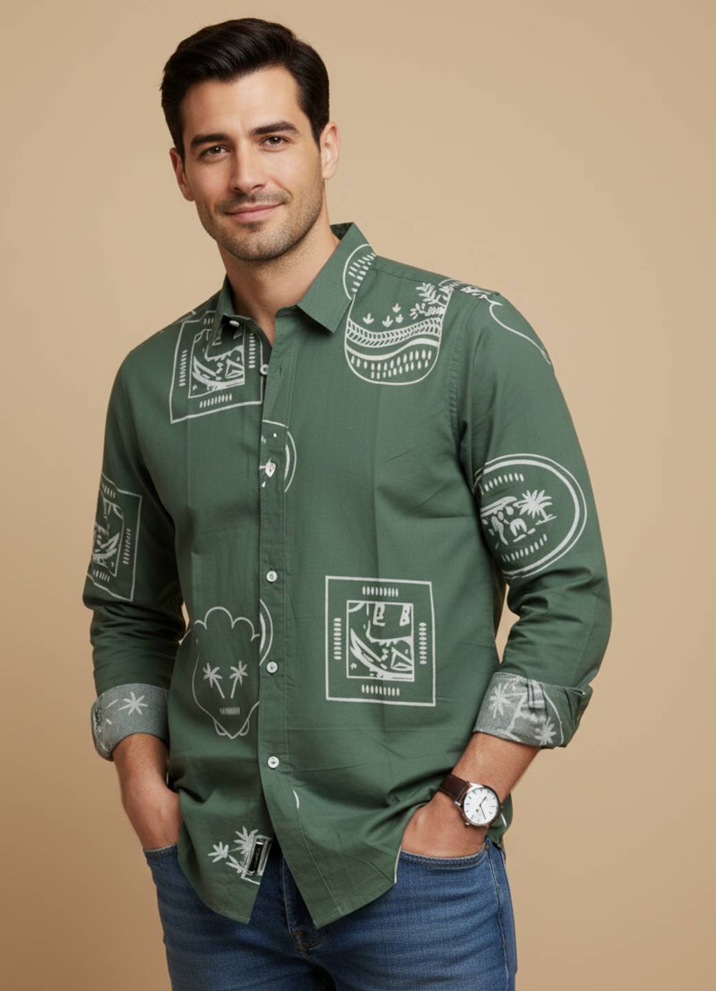 Sea Green Band Collar Abstractl Print Cotton Shirt For Men