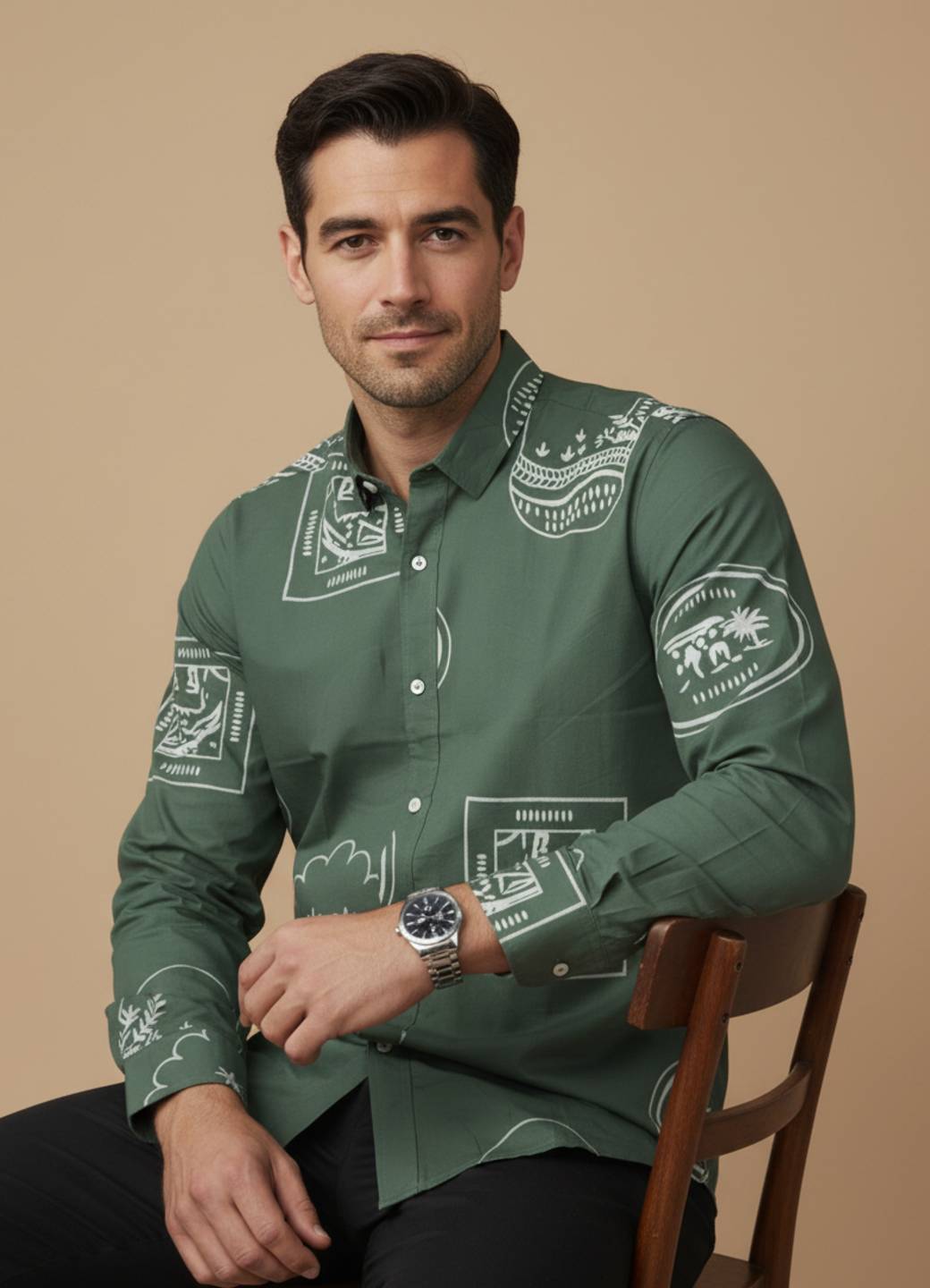 Sea Green Band Collar Abstractl Print Cotton Shirt For Men