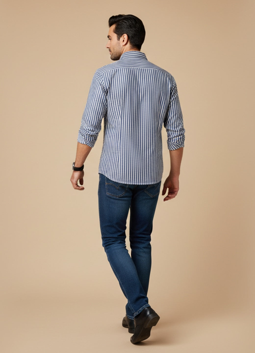 Blue Striped Cotton Band Collar Shirt For Men